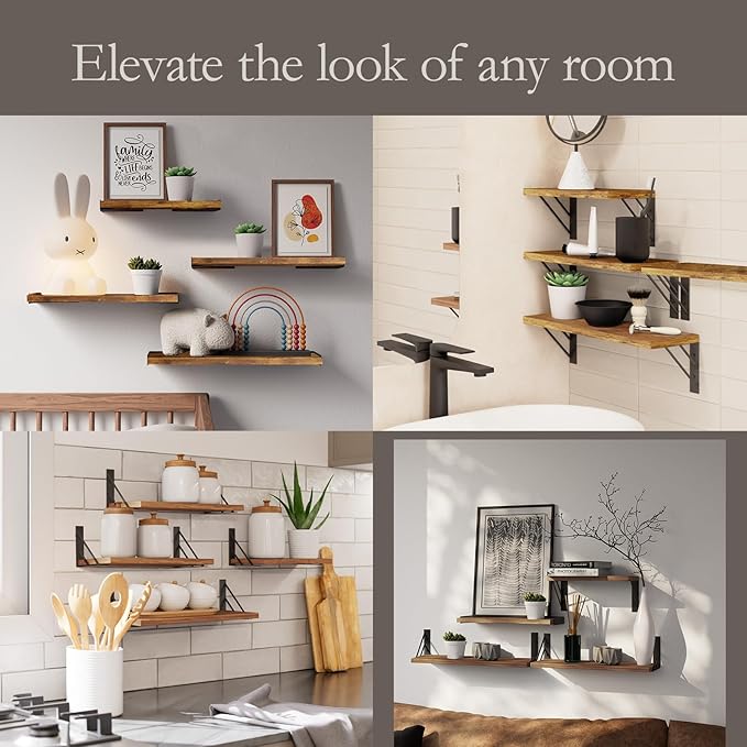 BAYKA Wall Shelves for Bedroom Decor, Floating Wall Shelves for Living Room Kitchen Storage, Wall Mounted Rustic Wood Floating Shelves for Kids Books, Corner Shelf for Bathroom(Rustic Brown,Set of 4)-NeatNest