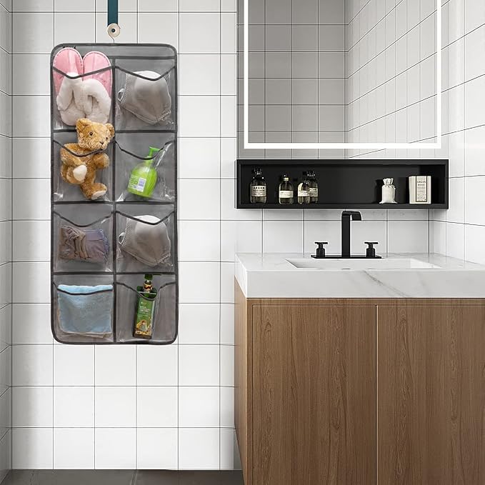 Dual-Sided Hanging Closet Organizer for Socks Underwear Bra Kids Storage Organizer for Baby Clothes Toddler Shoes with 26 Pockets (Grey-Clear Pockets)-NeatNest