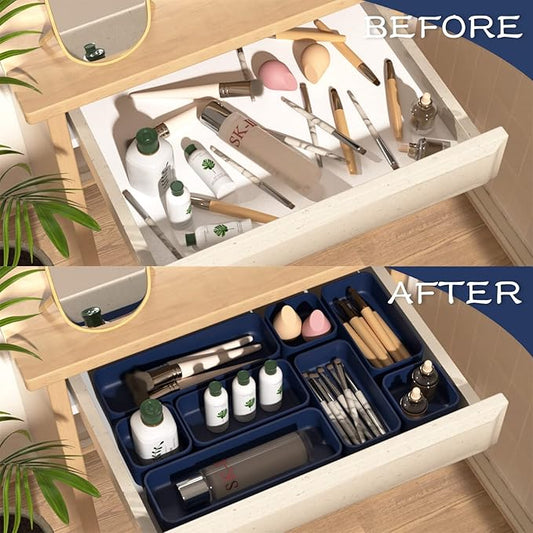 CHANCETSUI 6 PCS Stackable Drawer Organizers Set, Versatile Desk and Vanity Drawer Organizer Trays, Storage Bins for Makeup, Bathroom, Bedroom, Kitchen and Office, Blue-NeatNest