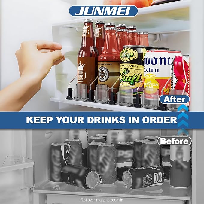 Drink Organizer for Fridge,12oz 16oz 20oz - Soda Can Dispenser for Refrigerator,Width Adjustable,Automatic Pusher Glide (Black, 15"D 4ROW, Holds 20 Cans)