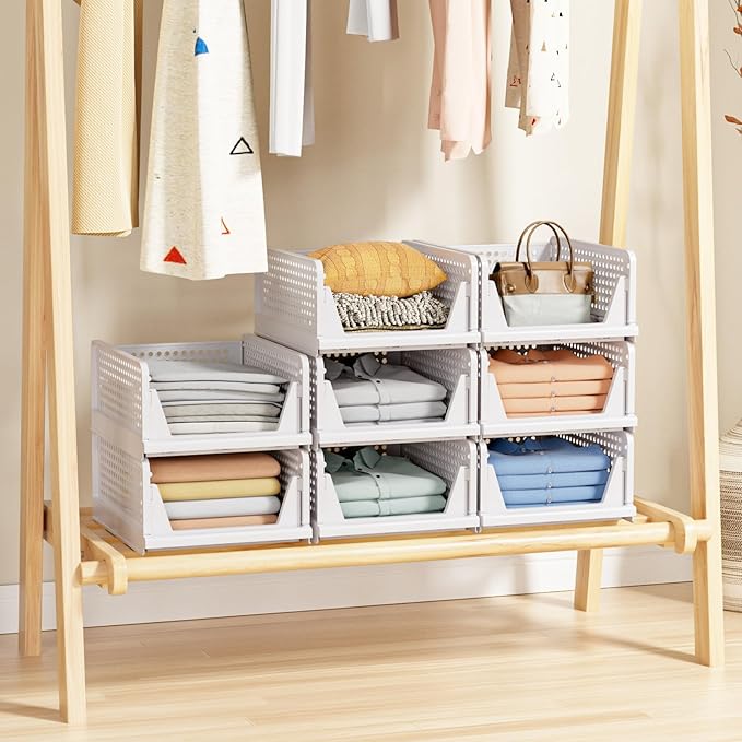 5 Pack Stackable Closet Storage Basket - Stackable Storage Bins, Multifunctional & Foldable Closet Organizer, Wardrobe Cupboard Space-Saving Hat Storage Drawer Organizer, White-NeatNest