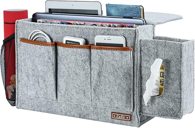 Bedside Caddy, Large Size Bedside Storage Organizer Bedside Organizer Caddy for Magazine Remotes Phone (13.4'' x 18.1'' Tissue box holder, Light Grey)-NeatNest