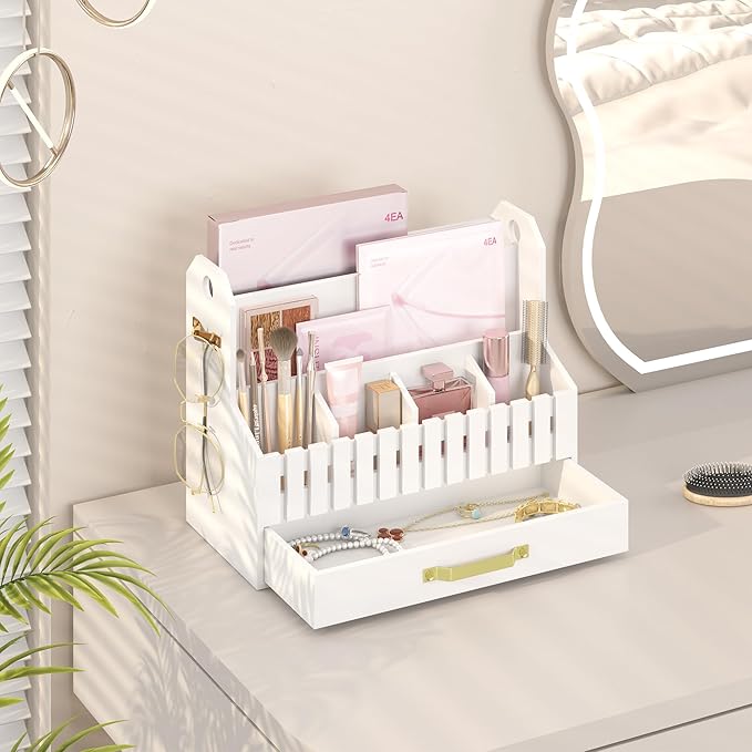 Bamboo Mail Organizer Countertop with Drawers, Wood Desk File Organizer Desktop Paper Organization Storage Bill & Letter Sorter Holder for School Home Office Supplies, No Assembly Required (White)-NeatNest