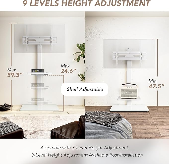 AX WABER Universal Floor TV Stand with Mount 70 Degree Swivel 9 Level Height Adjustable and Space Saving Design for Most 27 to 65 inch LCD, LED OLED TVs White