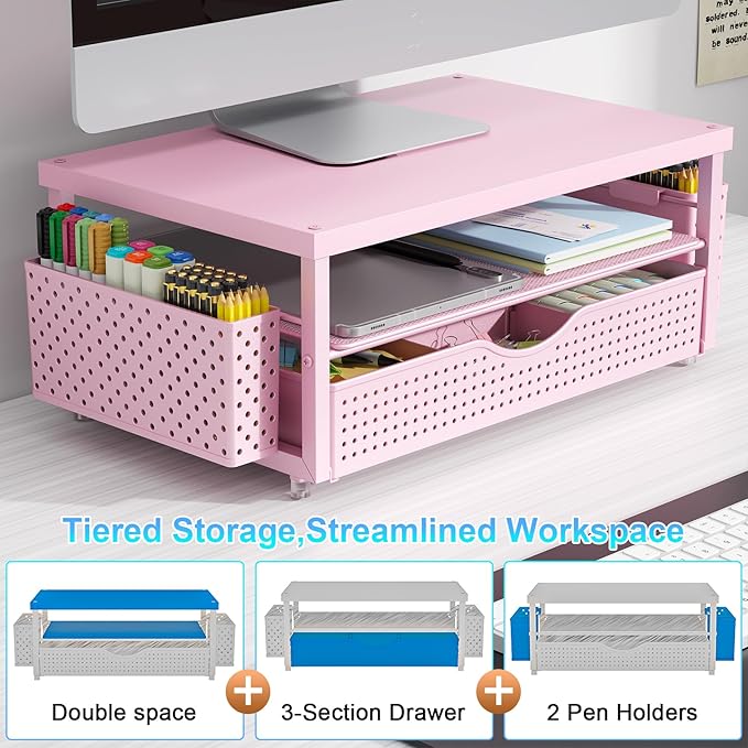 gianotter Wood Monitor Stand Riser, Desk Organizer with Drawer and 2 Pen Holders, 2-Tier Workspace Organizer for Office Supplies(Pink Wood)-NeatNest