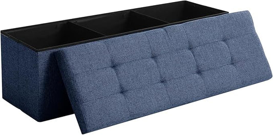 CUYOCA 45.3 Inches Ottoman Bench With 166L Storage Space - Foldable Seat Footrest Shoe Bench for End of Bed - Flipping Lid, Linen Fabric, Navy-NeatNest