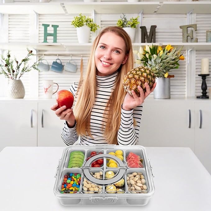 Divided Serving Tray with Lid and Handle,8 Compartments Snacks Box,Snack Fruit and Veggie Tray,Portable Platter for Candy Fruits Nuts Snack Party Entertaining Picnic (2 PCS Grey)-NeatNest