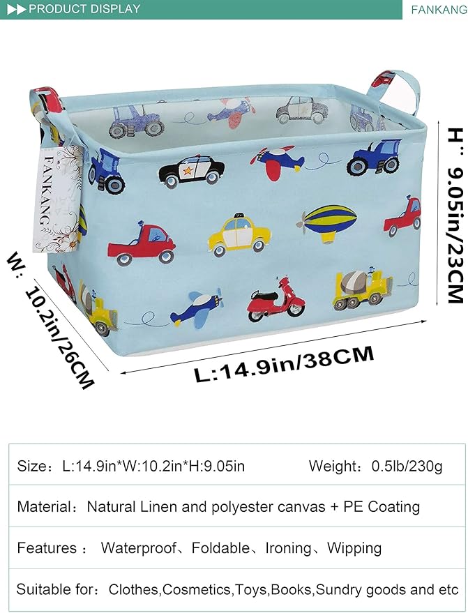 FANKANG Storage Basket,Nursery Hamper Canvas Laundry Basket Foldable with Waterproof PE Coating Storage, Office, Bedroom, Clothes,Toys (Rec-Car)