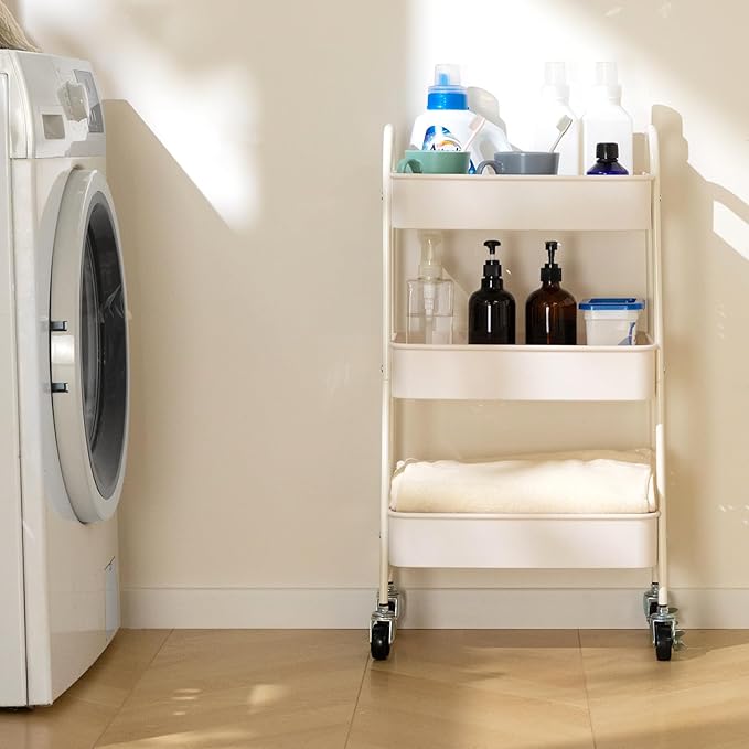 AGTEK 3-Tier Rolling Carts with Wheels, Rolling Utility Cart with Iron Frame for Kitchen, Plastic Shelves, Living Room, Office, White