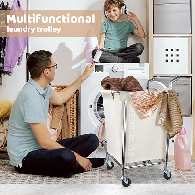 Laundry Cart with Wheels, Rolling Laundry Hamper with Wheels and Handle, Large Dirty Clothes Hamper for Laundry Heavy Duty, Beige