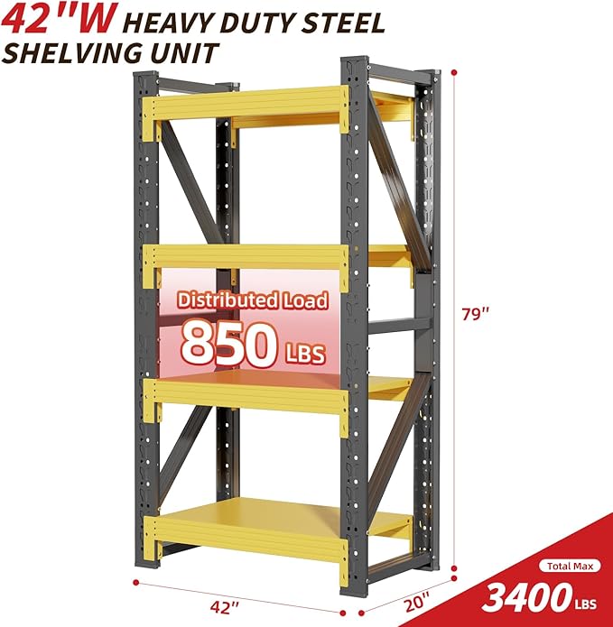 42" W Garage Shelving,4-Tier Heavy Duty Storage Shelves Unit with Adjustable Metal Shelf for Warehouse,Basement,Workshop,3400LBS,42" W x 20" D x 79" H,Black&Yellow-NeatNest