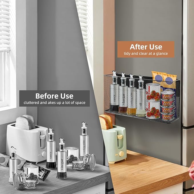 Black Magnetic Basket for Refrigerator, Black Magnetic Basket Organizer Magnetic Spice Rack, Magnetic Locker Organizer Holder for Kitchen Storage, Magazine, Whiteboard-NeatNest