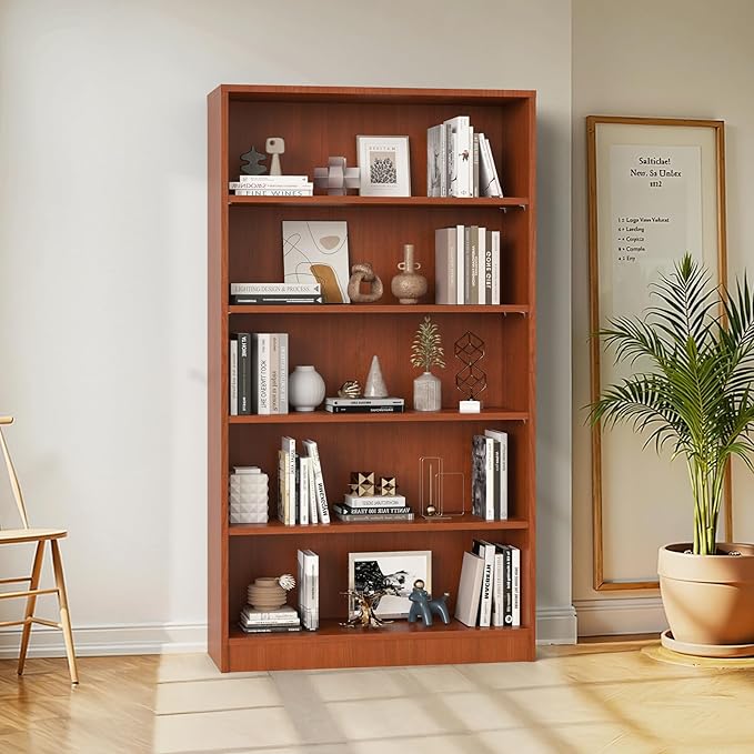 Farini 60 Inch Tall 5-Shelf Bookcase, Wood Bookshelf Storage Organizer Adjustable Shelf for Home Office, Study Room, Easy Assembly,Cherry