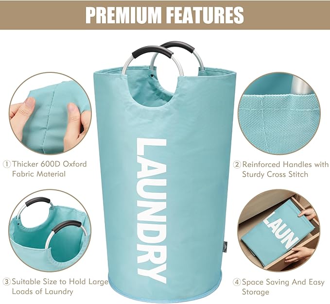DOKEHOM 90L Large Laundry Basket, Collapsible Laundry Bag, Freestanding Tall Clothes Hamper, Foldable Washing Bin (Light Blue)-NeatNest