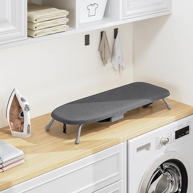 Kingboard Small Ironing Board with Iron Holder, Tabletop Iron Board with 2 Heat Resistant Covers, Portable Table top Ironing Board with Non-Slip Feet for Home Travel, 12 * 32 Black