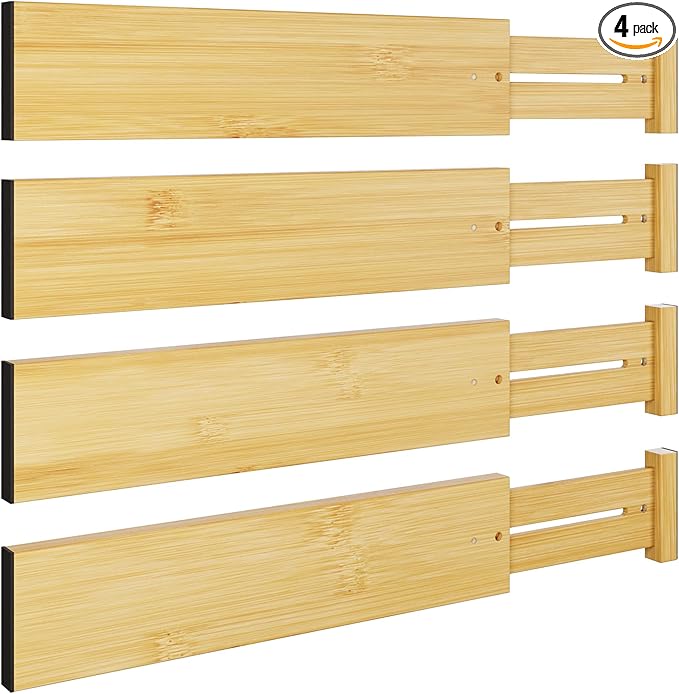 BAMEOS 4 pcs 3" High Bamboo Drawer Dividers Adjustable Drawer Organizer Expandable Drawer Organization Utensil Organizers for Kitchen Dresser Bathroom Bedroom and Office-NeatNest
