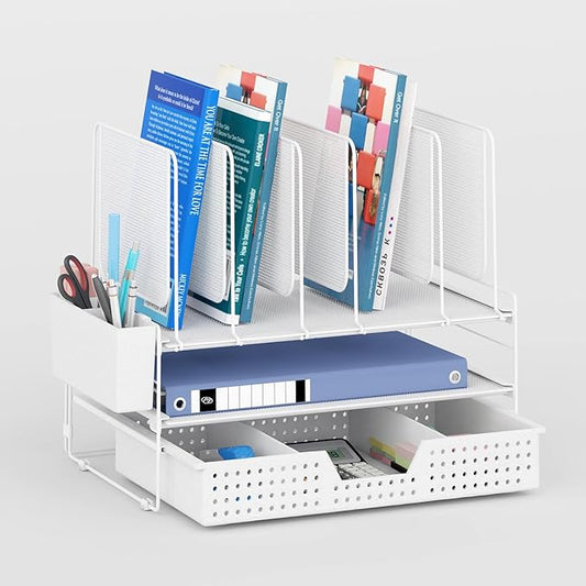 Desk Organizer, Office Organization with Vertical File Holder, File Organizer with Drawer and Pen Holder, Desk Accessories and Workspace Organizers for Home Office (White)-NeatNest