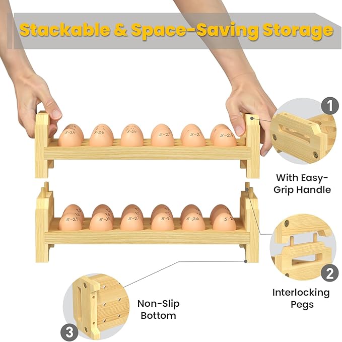Egg Holder Countertop, 2 Tier Stackable Wooden Egg Holder for 36 Eggs, Egg Stand with Handle for Kitchen Organizer, Fits Quail, Duck, Turkey, Chicken Eggs
