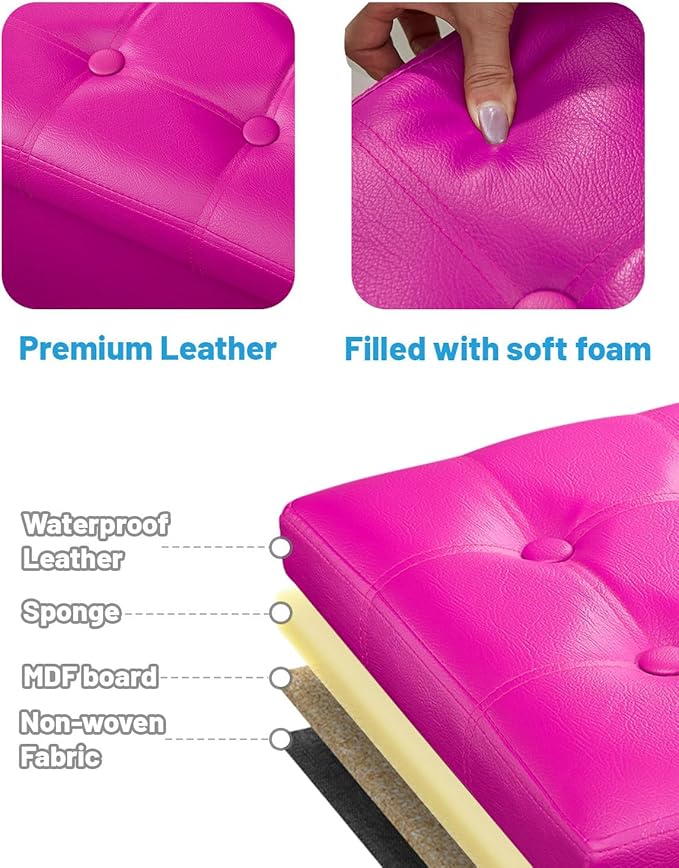 AmasSmile Storage Ottoman Folding Foot Rest Stool, Leather Footstool Bench, Short Ottoman Stool, Storage Foot Rest Store, Books (Rose, 17" D x 13" W x 13" H)-NeatNest