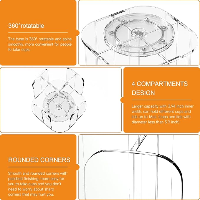 Beego Rotatable 4-Compartment Acrylic Cup Dispenser - Coffee Station Cup and Lid Carousel Countertop Plastic Cup Holder for Restaurant Breakroom Coffee Bar-NeatNest