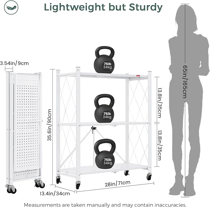 DEANIC 3 Tier Foldable Storage Shelves with Wheels, Large Capacity Shelving Unit, Freestanding Metal Wire Shelf Rack, No Assembly Organizer Rack for Garage Kitchen, Basement, Pantry(White Pack of 2)-NeatNest