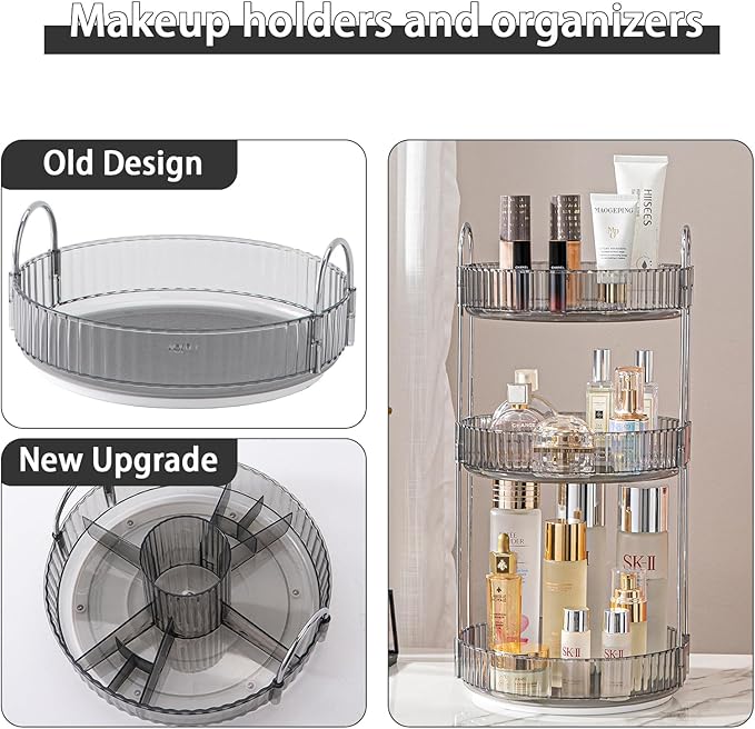 Rotating Makeup Organizer for Vanity, High-Capacity Skincare Clear Make Up Storage Perfume Organizers Cosmetic Dresser Organizer Countertop 360 Spinning (Gray, New-3 Tier)-NeatNest