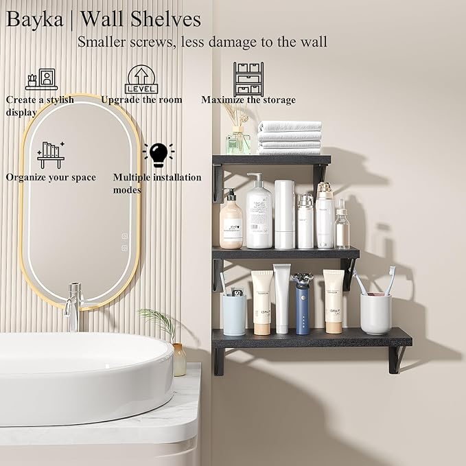 BAYKA Wall Shelves for Bedroom Decor, Floating Wall Shelves for Living Room Kitchen Storage, Wall Mounted Rustic Wood Floating Shelves for Kids Books, Corner Shelves for Bathroom, Office(Set of 3)-NeatNest