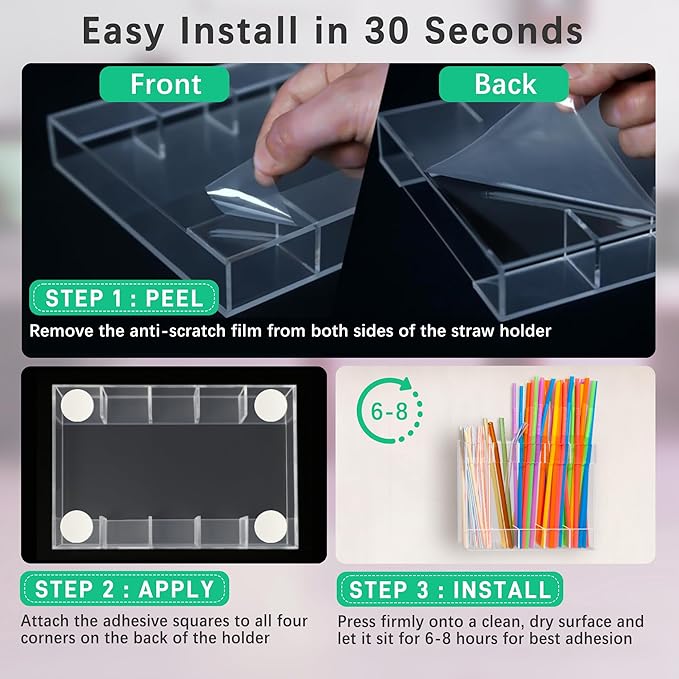 Acrylic Straw Holder for Cabinet Door with Double Sided Adhesive Tape Reusable Tumbler Straw Organizer Storage Container Dispenser for Counter Cabinet Cupboard Kitchen(Transparent)