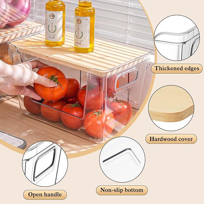 4 Set Pantry Organizers and Storage with Bamboo Cover, Fruit and Vegetable Can for Kitchen Organizer, Clear Front Open Bins with Handle Storage Bins for Potato, Onion, Garlic, Fruits, Vegetable