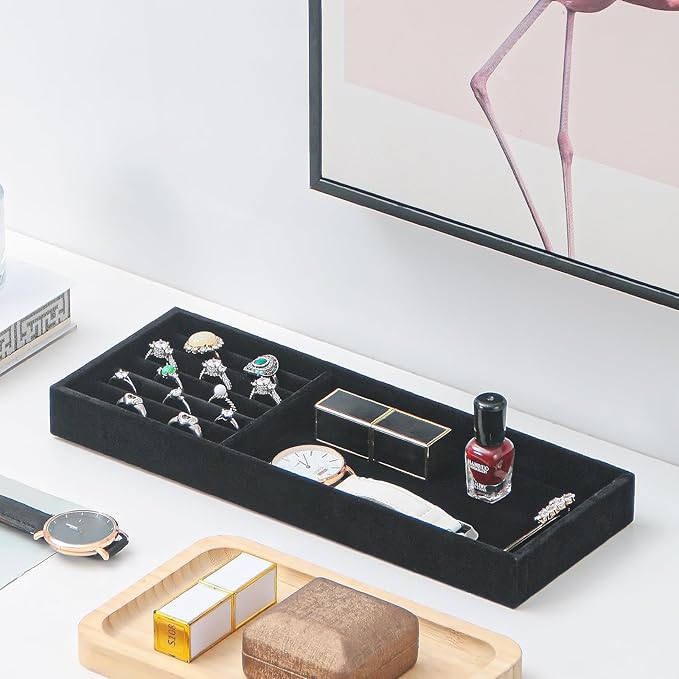 Divided Drawer Organizer - Velvet Jewelry Storage Tray for Necklace, Bracelet, Ring, Earring Display - Bedside Nightstand Desk Holder for Phone, Watch, Sunglasses, Cosmetics Storage - Black, 2 Grid-NeatNest