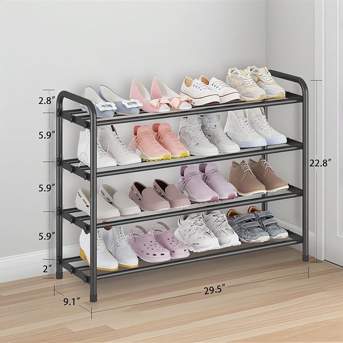KANAV 4-Tier Expandable Shoe Rack – Adjustable Shoe Organizer & Shoe Storage for Closet, Entryway, and Front Door – Space-Saving Shoe Shelf and Rack Organizer for Home - Black-NeatNest