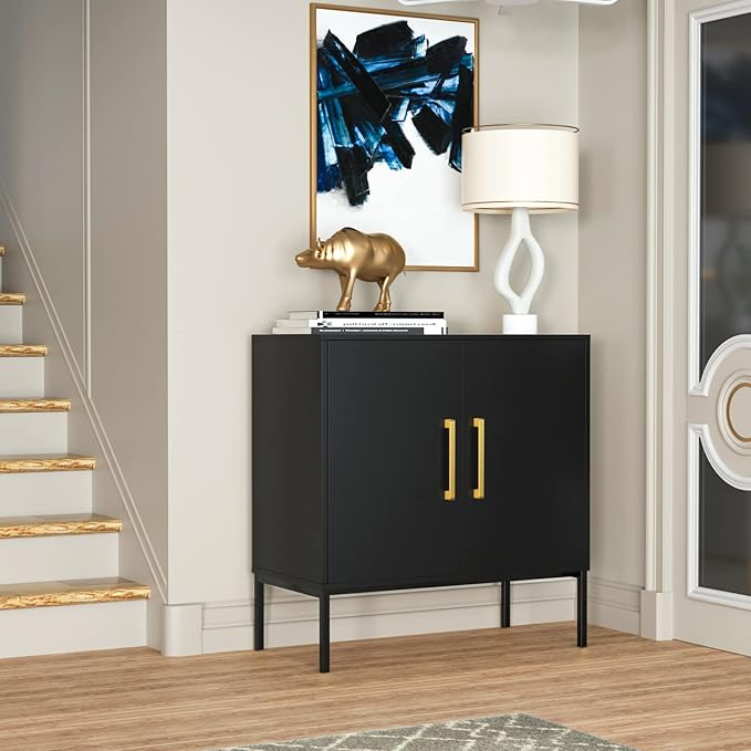 JOZZBY Buffet Sideboard Cabinet with Storage, Modern Wooden Cabinet with Adjustable Shelves, Black and Gold Cabinets for Living Room, Kitchen, Hallway