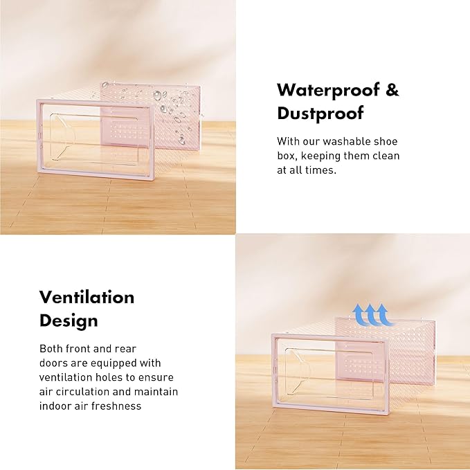 Shoe Storage Box, 15 Pack Clear Plastic Stackable Shoe Organizer for Closet, Interlocking Design Shoe Container Bins for Sneakers, Foldable Shoe Rack with Lids, Pink-NeatNest