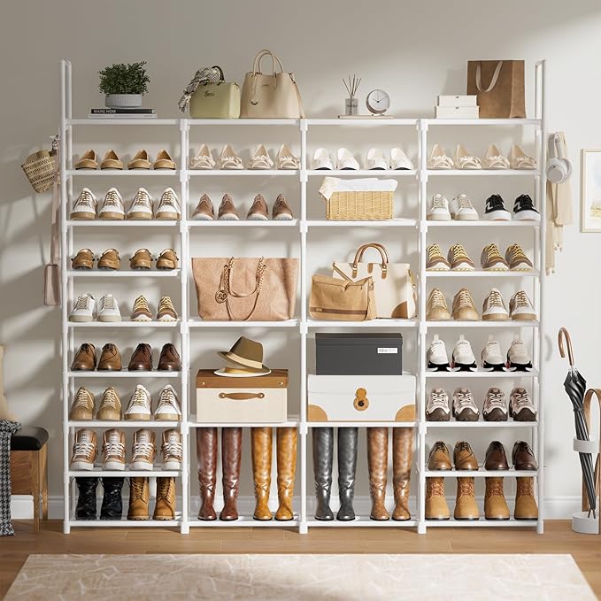 WOWLIVE 4 Row 10 Tiers Extra Large Shoe Rack 72-80 Pairs Big Tall Metal Shoe Shelf, Heavy Duty Organizer for Closet Entryway, Boot Rack Storage Stackable Stand for Garage White-NeatNest