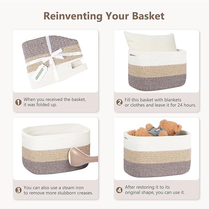 Cotton Rope Storage Baskets,15x10x9 in,Collapsible Storage Bins, Decorative Woven Basket Cube Storage Organizer for Laundry, Towel, Clothes (White/Beige-3Pack, 15x10x9 inches)-NeatNest