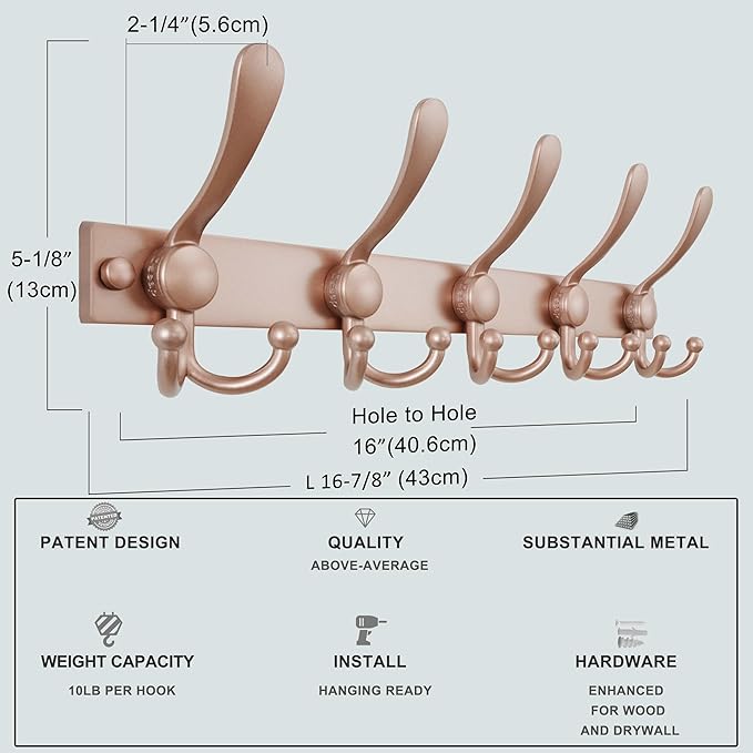 Dseap Coat Rack Wall Mount 2.0 Pro: Heavy Duty 300% Thicker, 16" Stud Mount, Stainless Steel Wall Coat Hooks Hanger for Clothes Jackets Hats Entryway Closet, MaxStrong Series, Rose Gold, Pack of 2