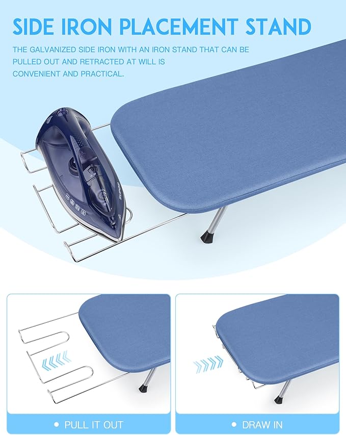 BiJun Small Ironing Board, Foldable Table Top Ompact Portable Mini Ironing Board w/Iron Rest, Set for Dorm Rooms, RVs, Travel Apartments Blue-NeatNest
