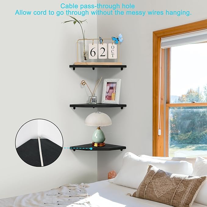 Corner Wall Shelves, Wood Corner Floating Shelves with Cable Raceway, Wall Mount Storage Display for TV Accessories, Monitor, Speaker, Cable Box, Game Console (Black, Diamond- 10 Inch)-NeatNest