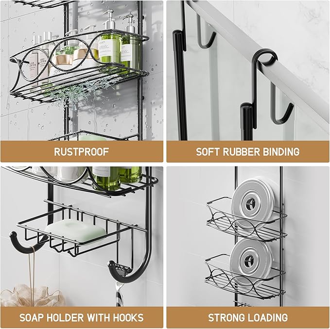 LEVERLOC Over The Door Shower Caddy, Shower Hanging Organizer Sturdy Rust Proof Bathroom Shelves with Strong Suction Cup and Reliable Hooks, Bath Basket Storage Rack, Metal Black-NeatNest