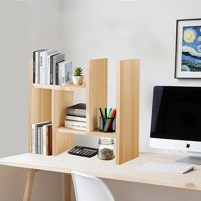Desk Organizer Shelf Wooden Desktop Bookshelf Adjustable Desktop Organizer Shelves Small Book Shelf for Office Desk Supplies Home Storage Natural Stand Decor (Beige, Style1)-NeatNest