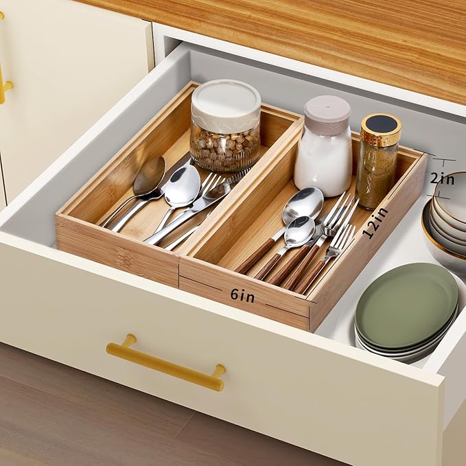 Bamboo Drawer Organizer, 2PCS Stackable Storage Boxes for Utensil Organizer, Wood Tray for kitchen, Bathroom and Bedroom 12" x 6" x 2"-NeatNest