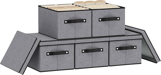 Fabric Storage Boxes, 7.1 x 9.1 x 13 Inch Baskets for Shelves with Lids, Wardrobe Organiser with Handles, Decorative Linen Closet Organizer Bins, Gray, 5 Pack-NeatNest