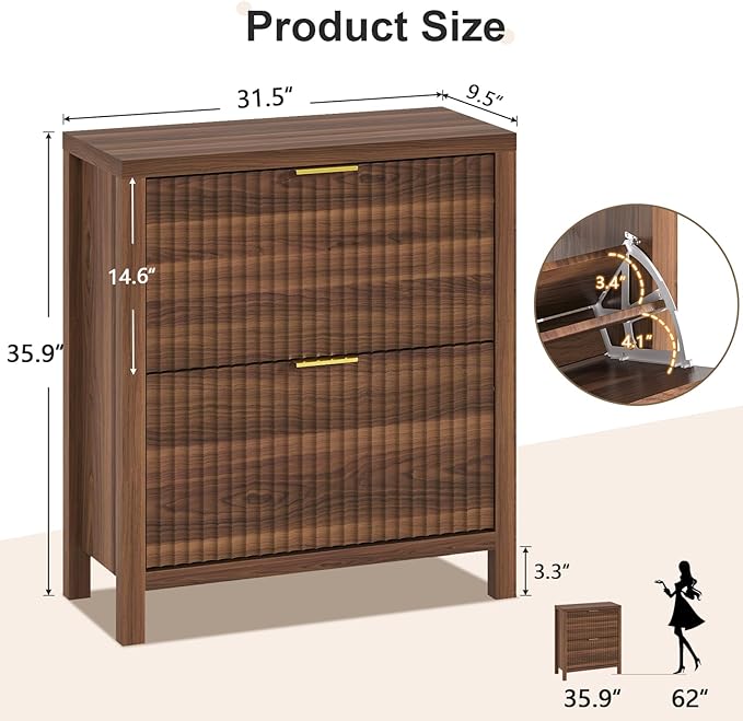 Shoe Cabinet Storage for Entryway, Fluted Shoe Cabinet with 2 Flip Drawers, Hidden Shoe Rack Tall Freestanding Shoe Organizer with Legs for Hallway, Walnut-NeatNest