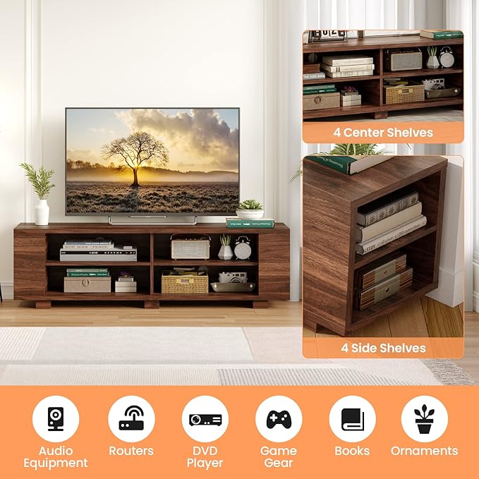Giantex Modern TV Stand for TVs up to 65 Inch, Wood Entertainment Center w/ 8 Open Storage & Adjustable Shelves, Television Stands w/ 4 Cable Holes, TV Console Table for Living Room, Bedroom (Coffee)-NeatNest