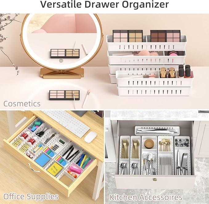 6 PCS Desk Drawer Organizer, Bathroom Drawer Organizer Trays with Dividers Adjustable, Makeup Organizer Bins for Vanity Clothes Junk Kitchen Utensil