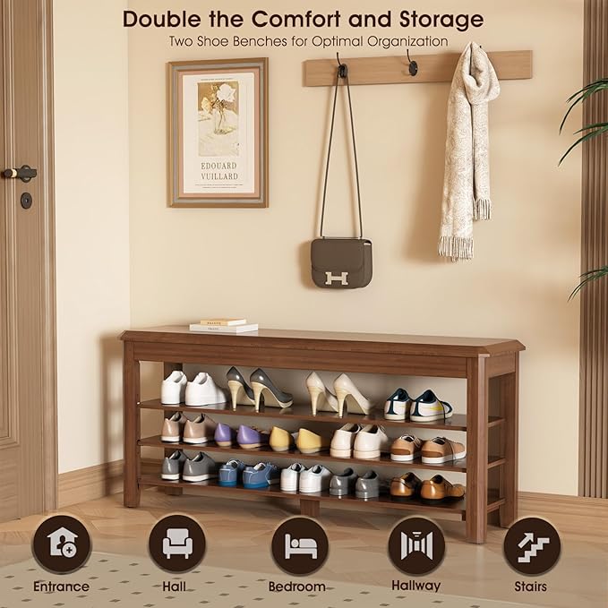 Shoe Rack Bench Seat Rubberwood 3-Tier Wooden Storage Bench 550lbs Compact Mid-Century Modern Design for Entryway, Hallway, Closet, Front Door Entrance, Foyer