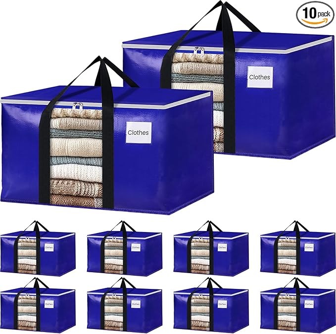 BlissTotes 10 Pack Moving Bags with Clear Window, Storage Bags with Strong Carrying Handles & Zippers,Large Packing Bags for Saving Space, Alternative to Moving Boxes(Blue,24 Gallon)-NeatNest