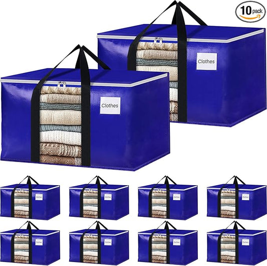 BlissTotes 10 Pack Moving Bags with Clear Window, Storage Bags with Strong Carrying Handles & Zippers,Large Packing Bags for Saving Space, Alternative to Moving Boxes(Blue,24 Gallon)-NeatNest