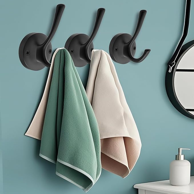 Black Wall Hooks Towel Hooks, 3 Pack Coat Hooks Robe Hook Heavy Duty Metal Double Bath Hook Wall Mounted, Hand Towel Hooks for Entryway Bathroom Kitchen Closet Garage-NeatNest