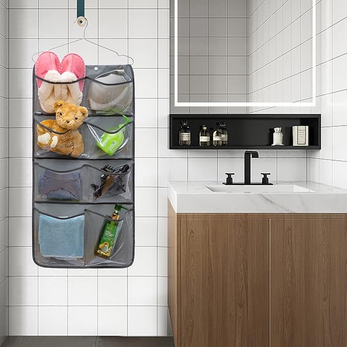 Dual Sided Hanging Closet Organizer Durable Socks Stocking Clothes Bra Accessories Storage Bag With 16 Large Pockets (Clear PVC Pockets)-NeatNest